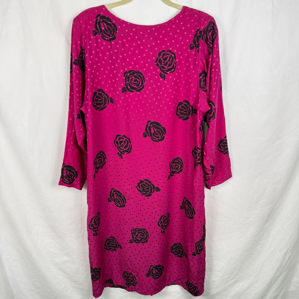 Vintage Liz Claiborne Pink Silk Black Rose Button Back Shift Dress 14 Whimsigoth